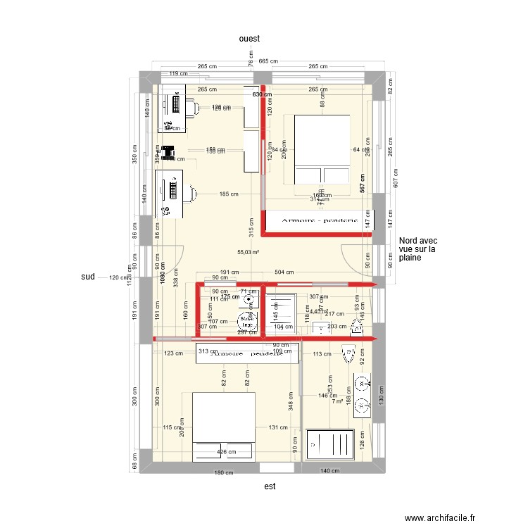 Plan Pinheira Grande rénov. projection chambres et bureau V1. Plan de 2 pièces et 66 m2