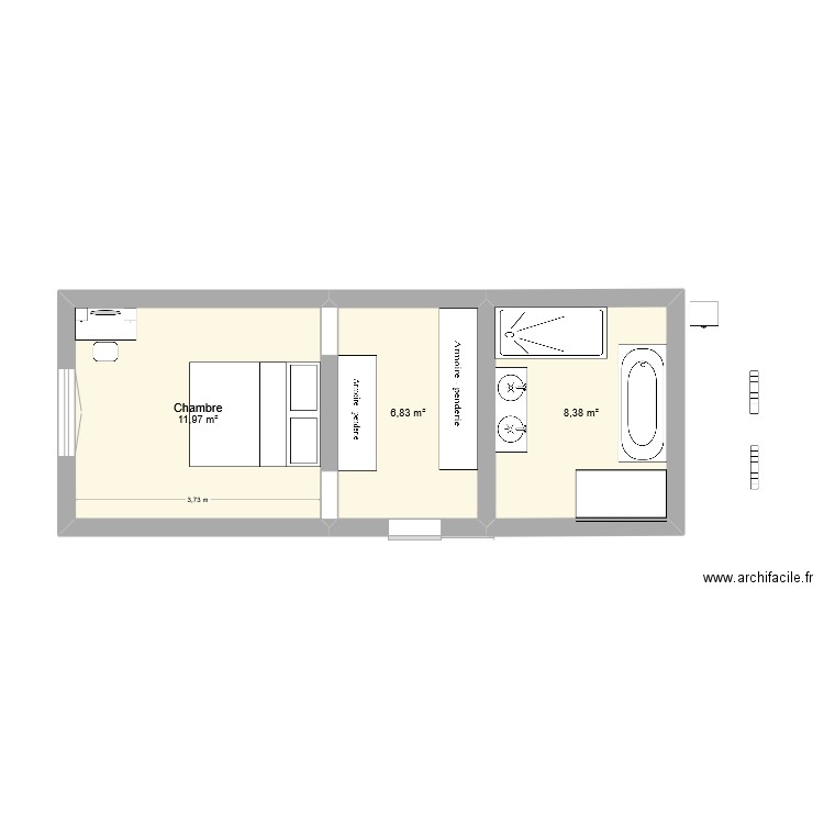 Suite parentale. Plan de 3 pièces et 27 m2