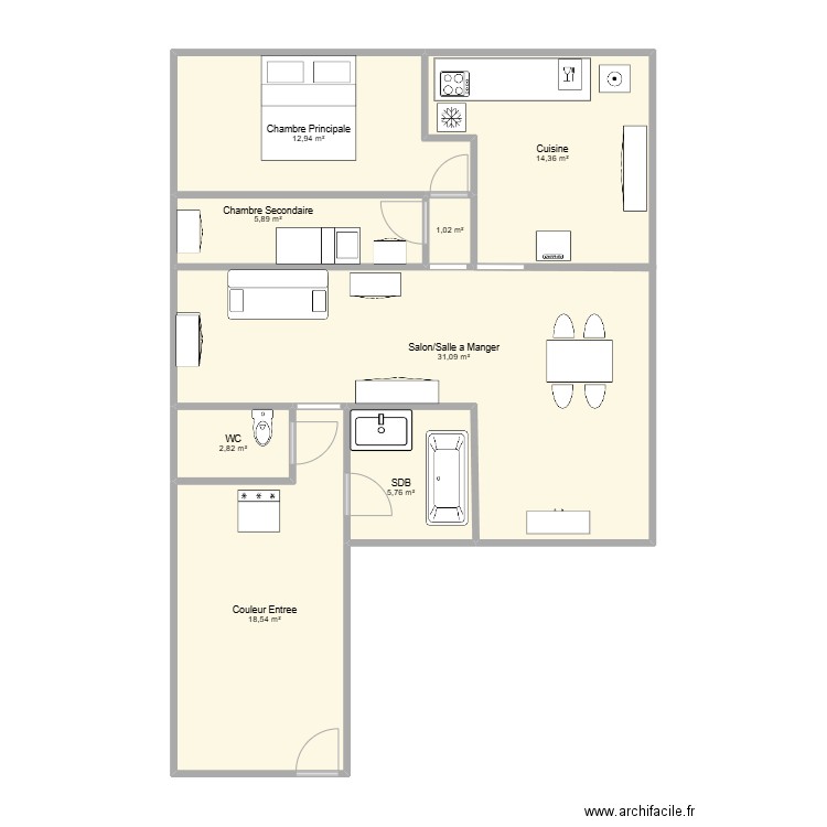 Mouillere. Plan de 8 pièces et 92 m2