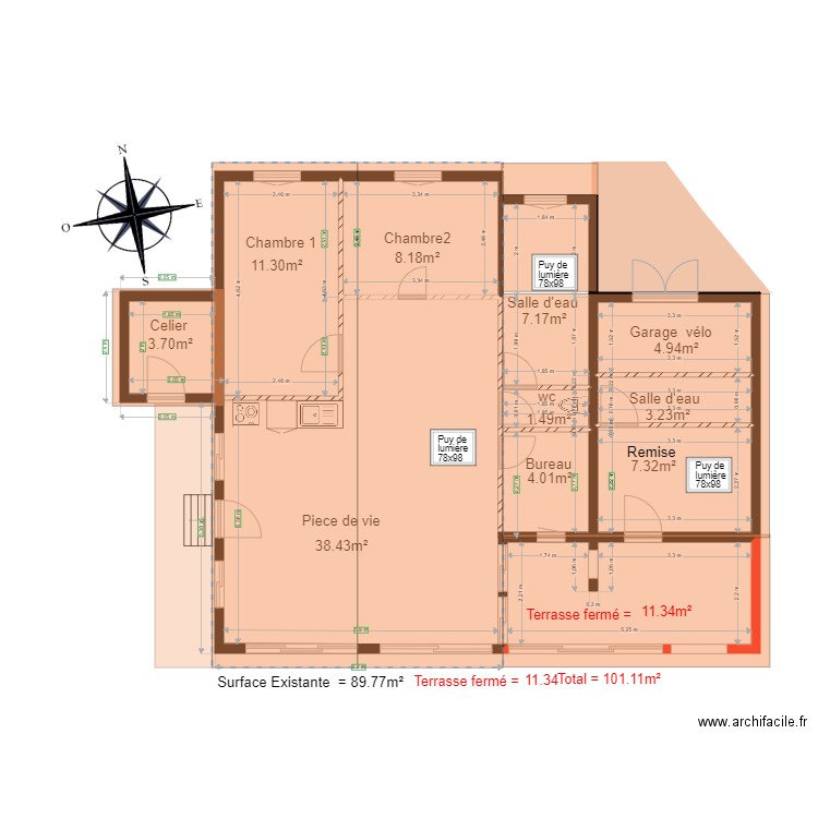 extension       chalet 46 . Plan de 8 pièces et 55 m2
