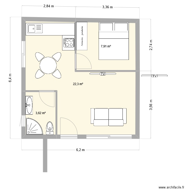garage aménagé. Plan de 3 pièces et 34 m2
