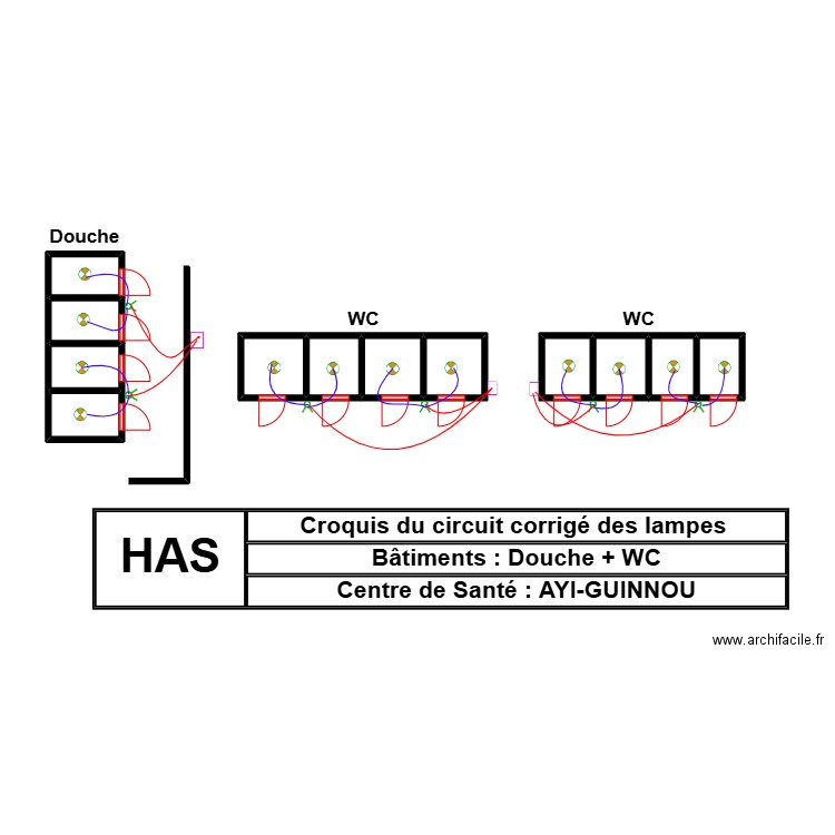 CIRCUIT CORRIGE DES LAMPES TOILETTE + DOUCHE CS AYI GUINNOU. Plan de 12 pièces et 15 m2