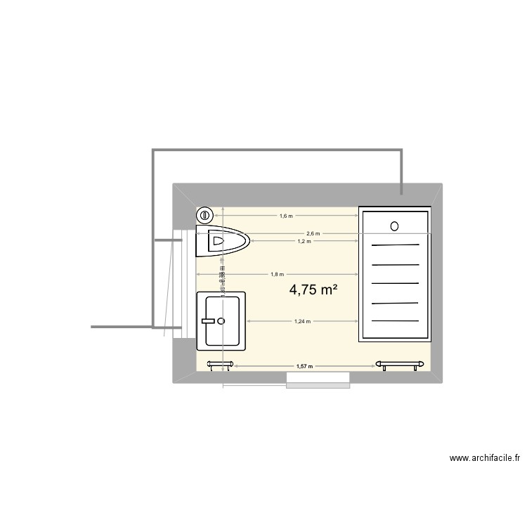 Salle de douche. Plan de 1 pièce et 5 m2
