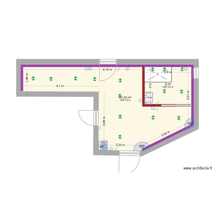 douche Sahores. Plan de 2 pièces et 33 m2