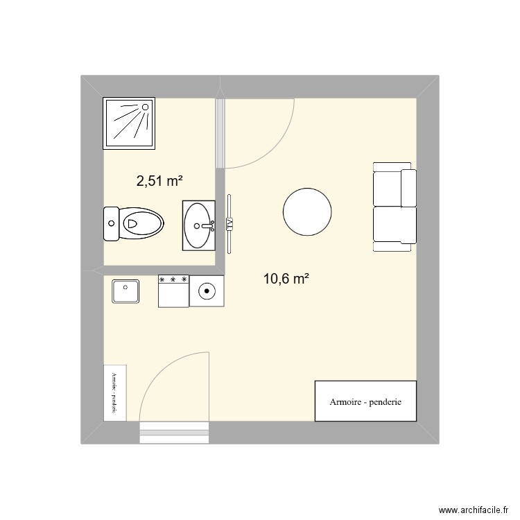 Alleray Doudou. Plan de 2 pièces et 13 m2