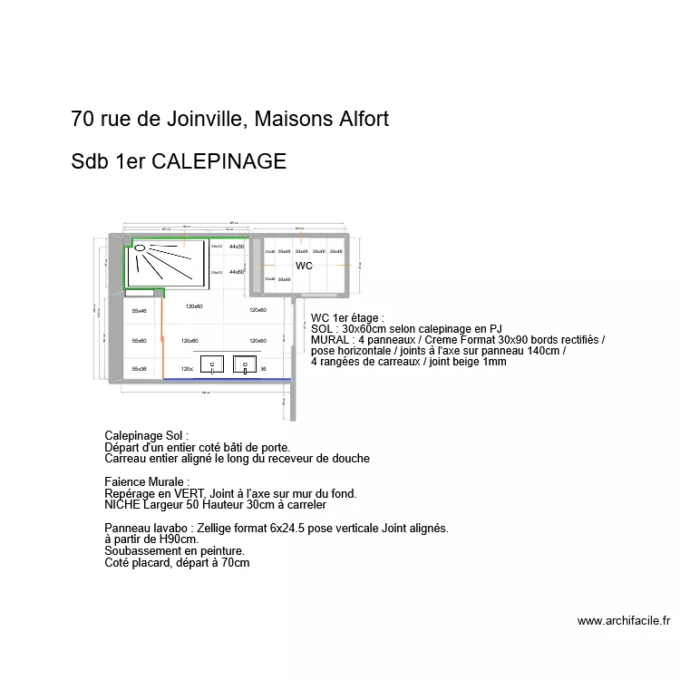 70 Joinville SDB Calpinage SOL et MURS 1er. Plan de 