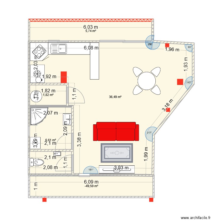 appart. Plan de 5 pièces et 56 m2