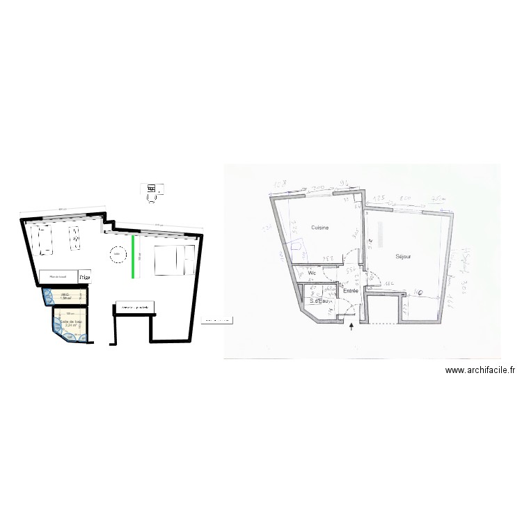 carbonnel cloison legerement décaléee. Plan de 2 pièces et 4 m2