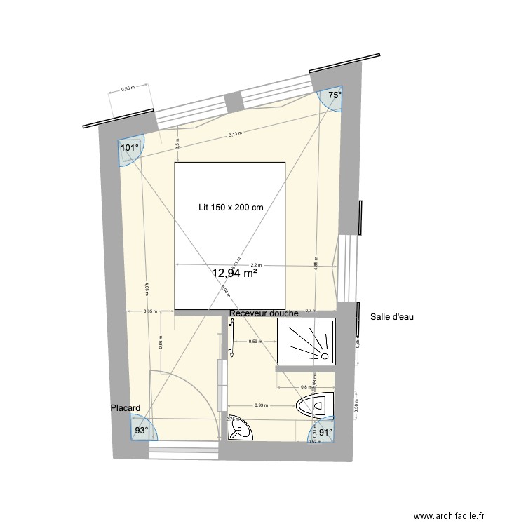 Projet 3_Chambre d\'amis_Cabnt toilette. Plan de 1 pièce et 13 m2