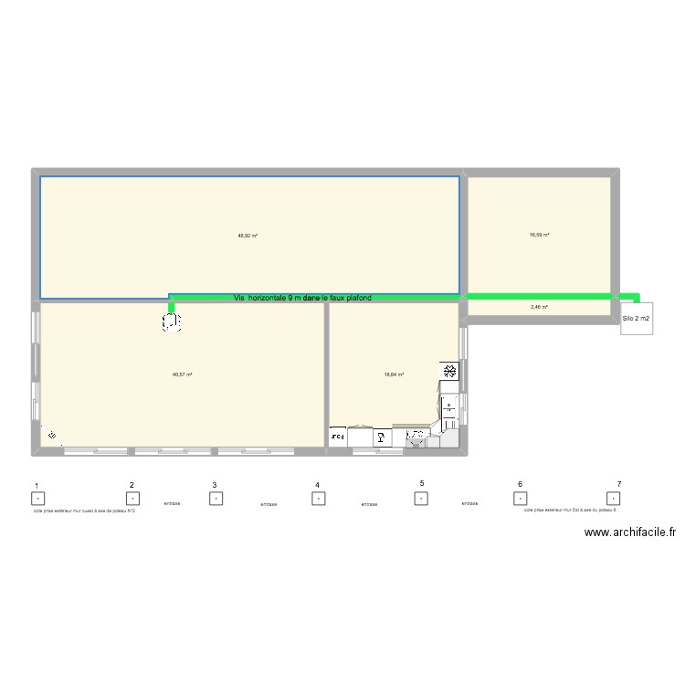 implantation poteaux façade SUD. Plan de 6 pièces et 127 m2