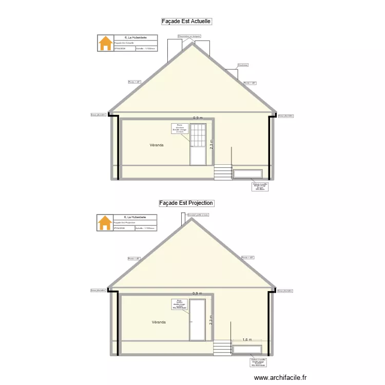 Facade Ouest Actuelle. Plan de 9  et 95 m²