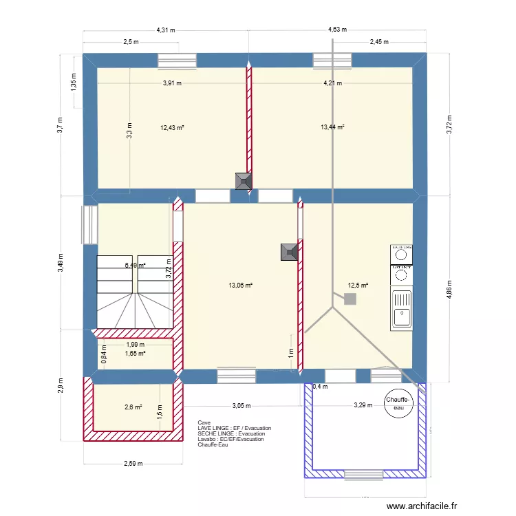 Cave. Plan de 7  et 62 m²