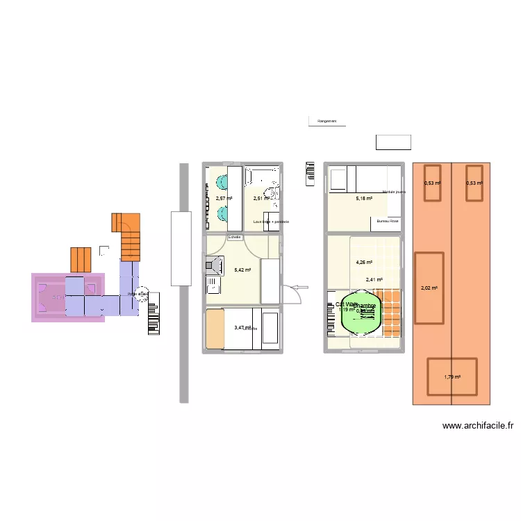 Tiny House &agrave; 3 avec un chat. Plan de 13  et 33 m²