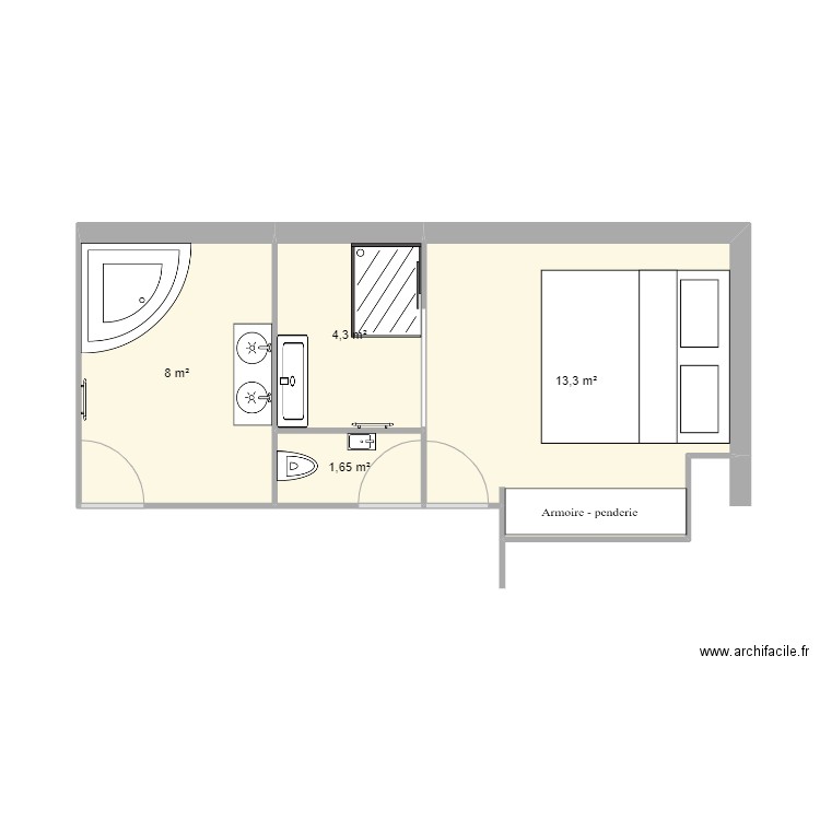 SDB PRINCIPALE + CHAMBRE. Plan de 4 pièces et 27 m2