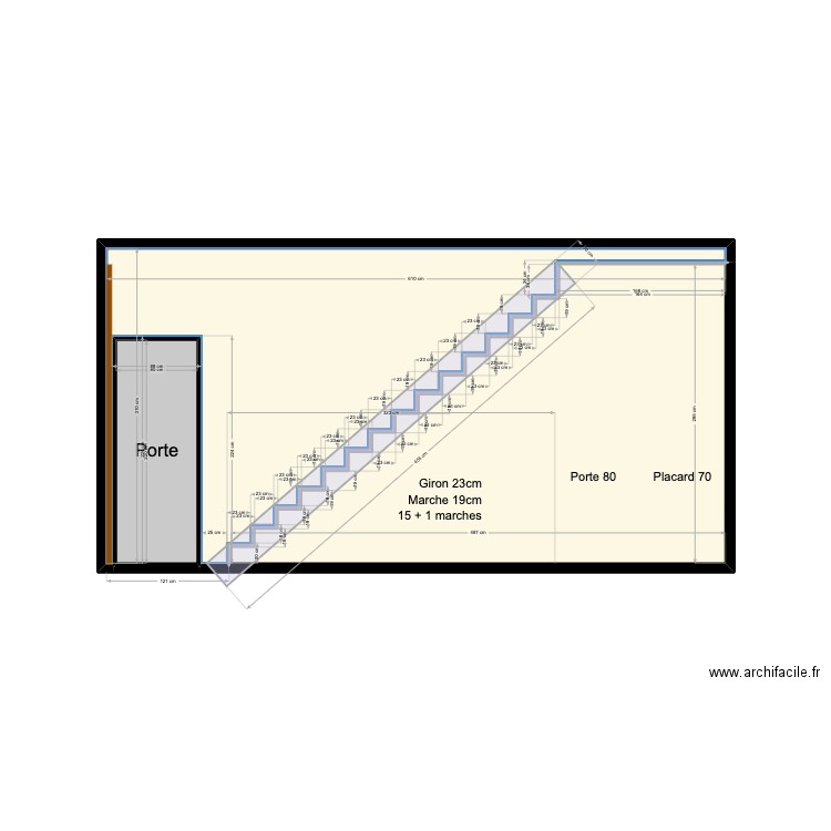 Plan coupe escalier. Plan de 3 pièces et 18 m2