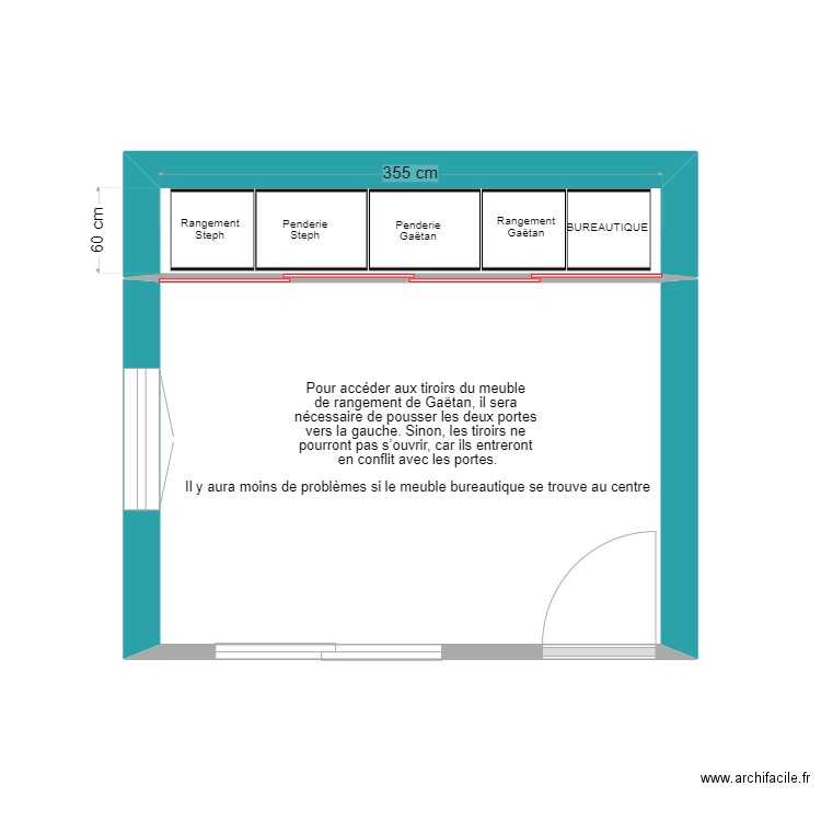 SIMULATILON PORTE COULISSANTE. Plan de 2 pièces et 11 m2