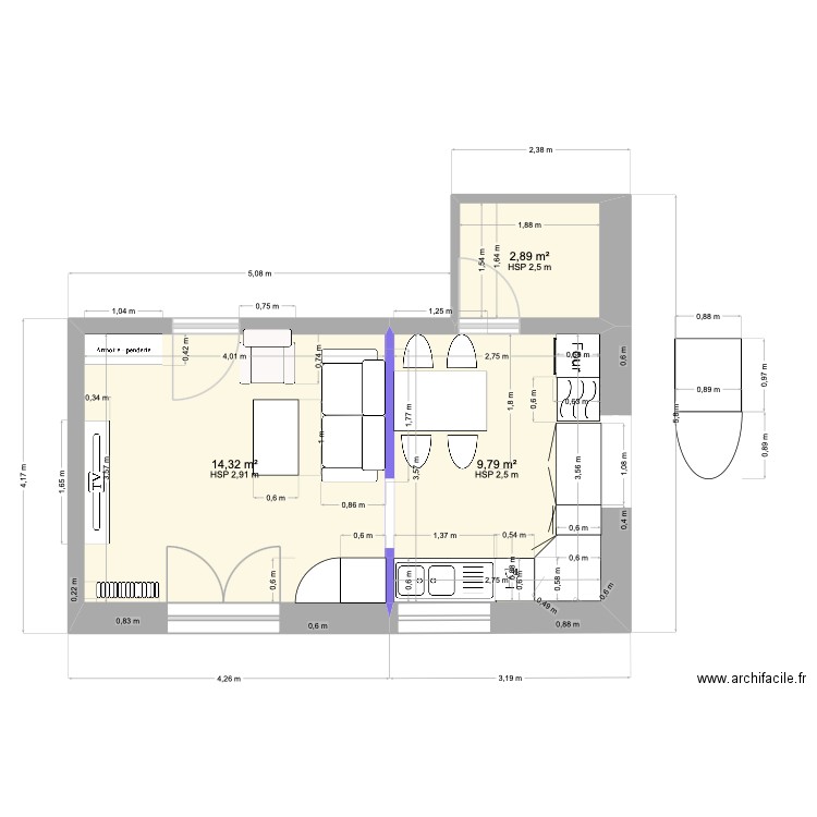 Cuisine Josette. Plan de 3 pièces et 27 m2