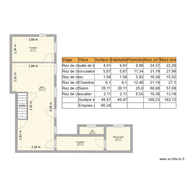 maison 1. Plan de 6 pièces et 49 m2