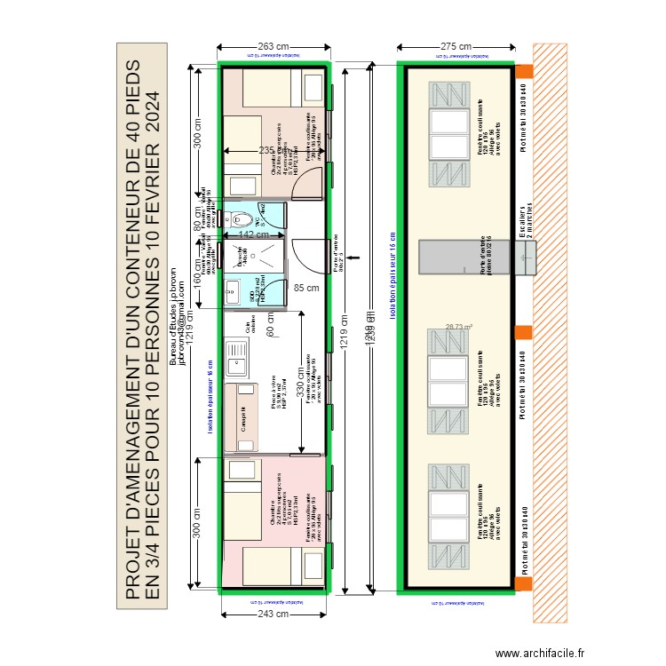 CONTENEUR 40 PIEDS AMENAGE EN 3/4 PIECES 20 MARS 2024. Plan de 0 pièce et 0 m2