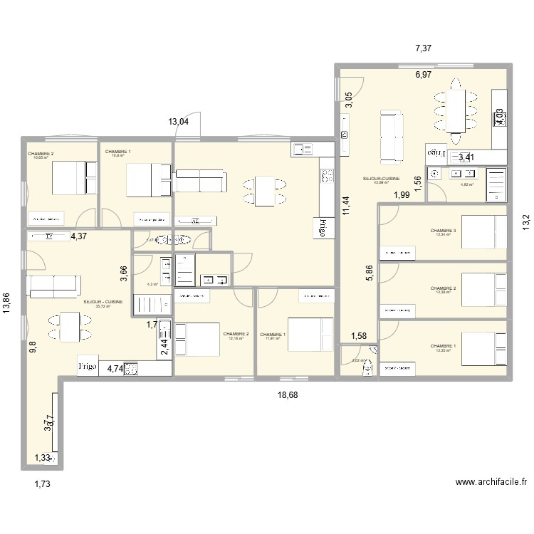 Decoupe appart lissac avec meuble. Plan de 15 pièces et 178 m2