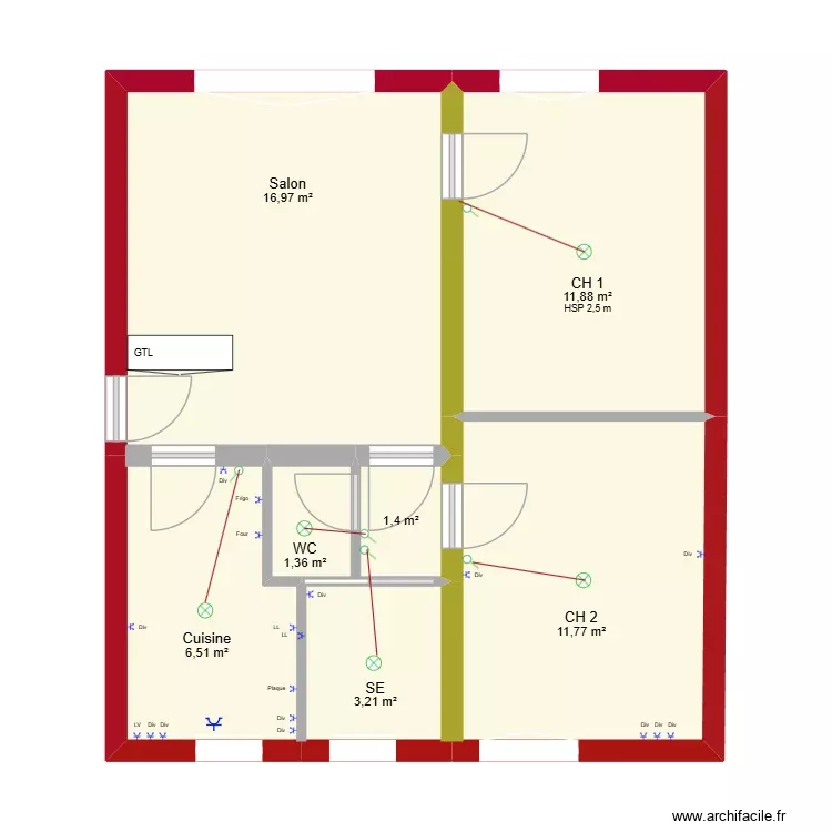 Nouveau T3 electricité. Plan de 7 Pièces et 53 m² Nouveau T3 electricité. Plan de 7 Pièces et 53 m²