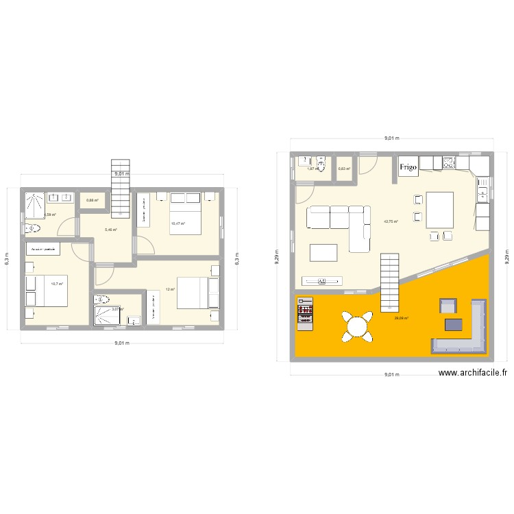 Maison 100m² en étage terrain pente. Plan de 11 pièces et 122 m2