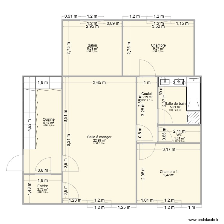 Barq. Plan de 9 pièces et 72 m2