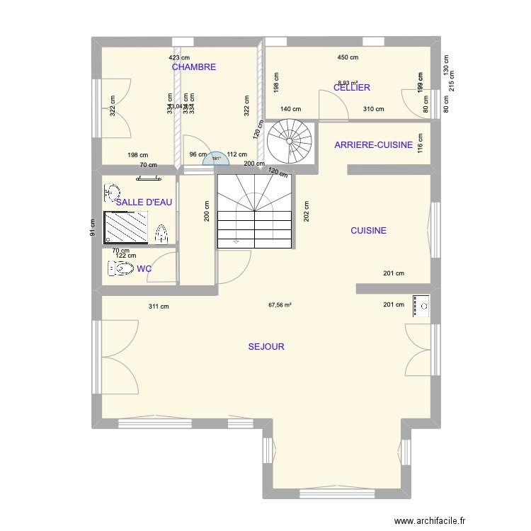 Rez de chaussée ter. Plan de 3 pièces et 90 m2