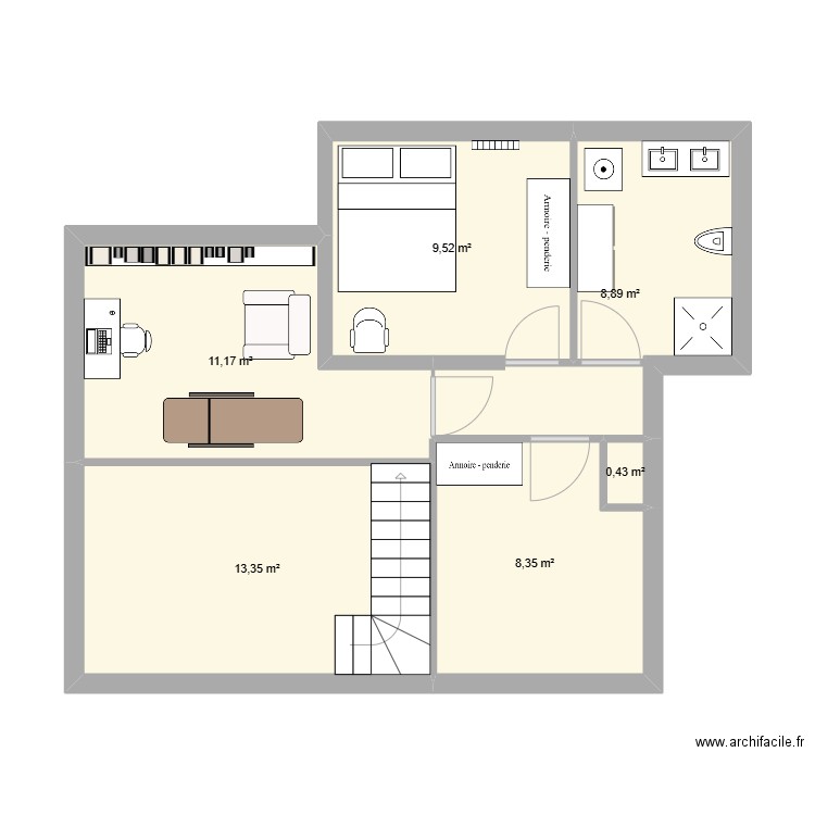 deuxième étage. Plan de 6 pièces et 52 m2