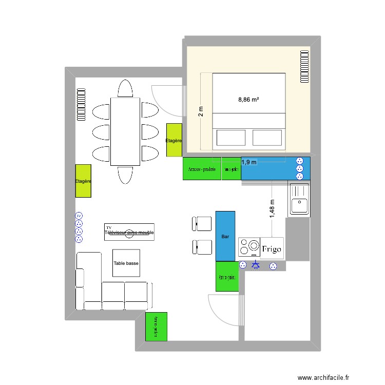 Neuilly. Plan de 1 pièce et 9 m2