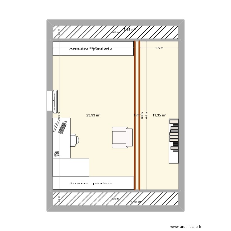 grenier. Plan de 3 pièces et 44 m2