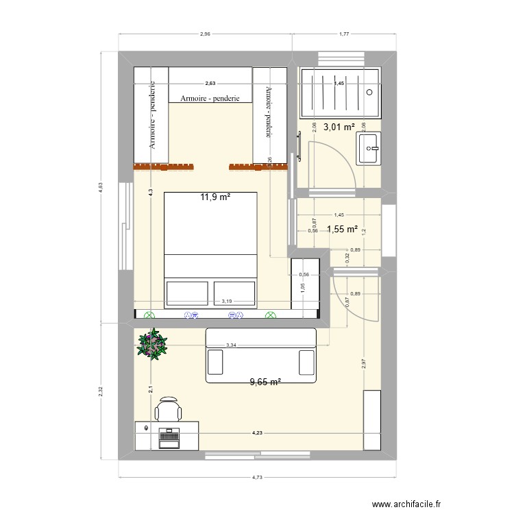 Plan 26m² -2. Plan de 4 pièces et 26 m2