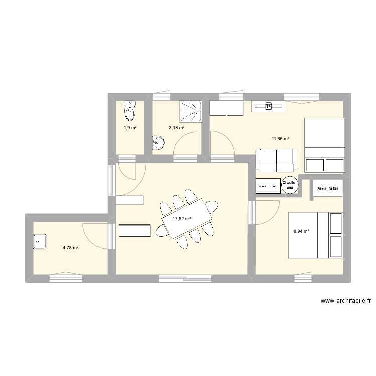 appartement du cimetiere. Plan de 6 pièces et 48 m2