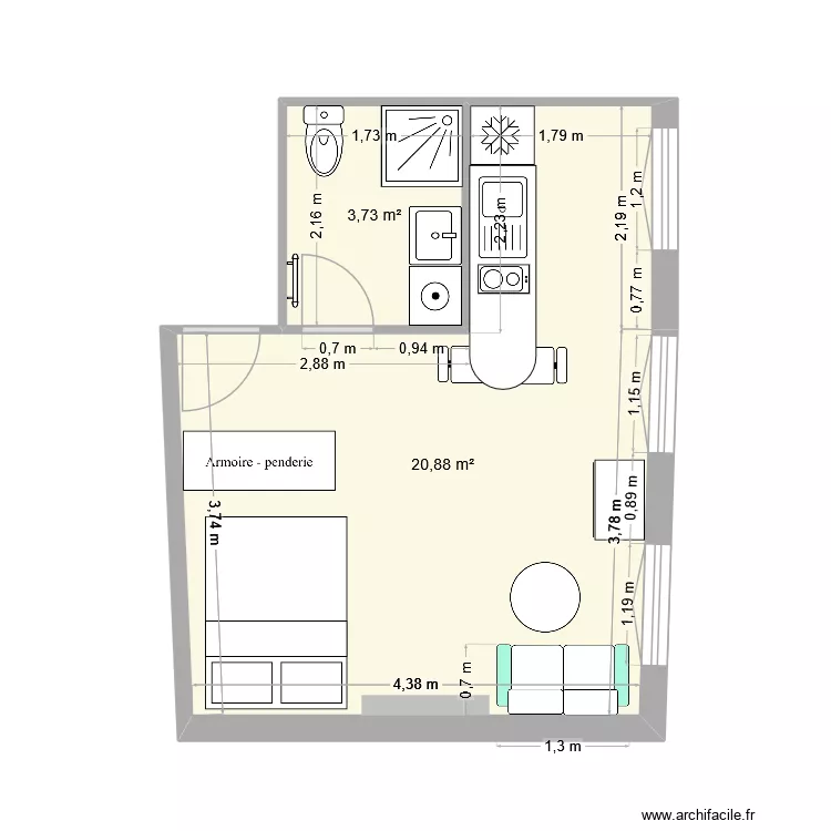 28 curiol amenagement. Plan de 2  et 25 m²