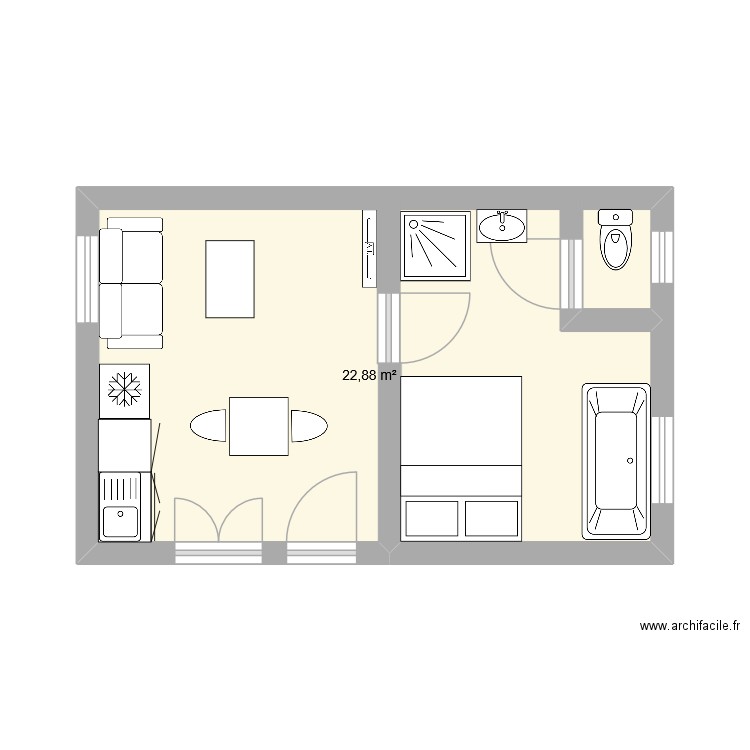 studio avec chambre. Plan de 1 pièce et 23 m2