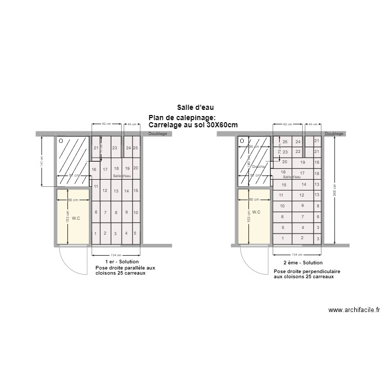 Plan de calepinage du carrelage au sol 30x60 Salle d'eau. Plan de 4 pièces et 13 m2