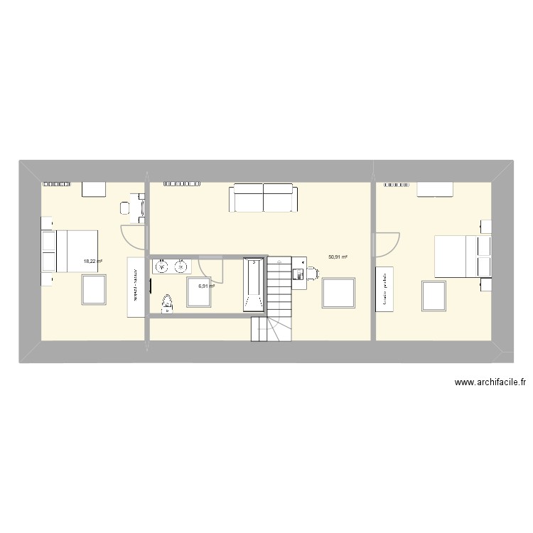 Etage habitation. Plan de 3 pièces et 76 m2