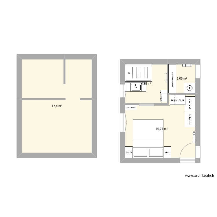 chambre bas. Plan de 4 pièces et 35 m2