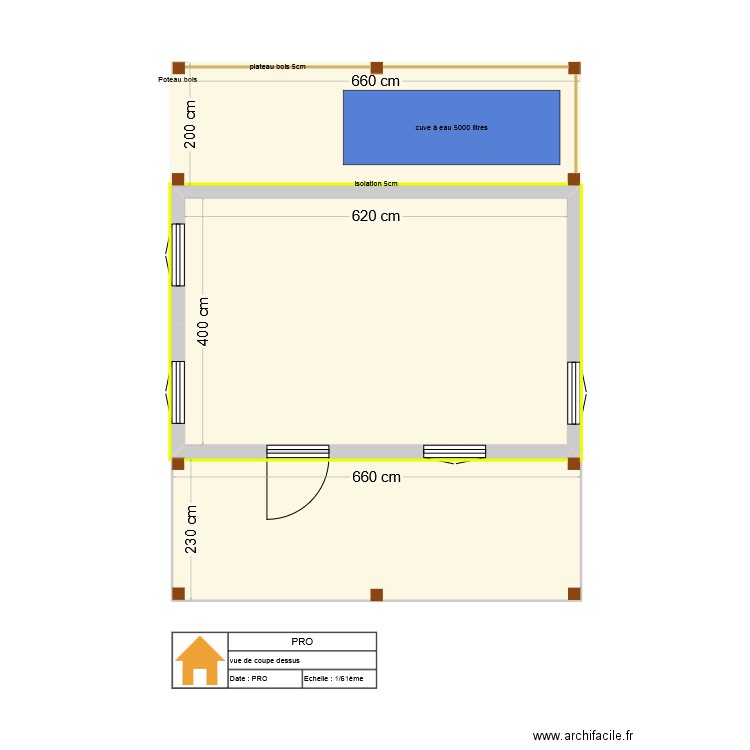coupe vue du dessus. Plan de 3 pièces et 53 m2