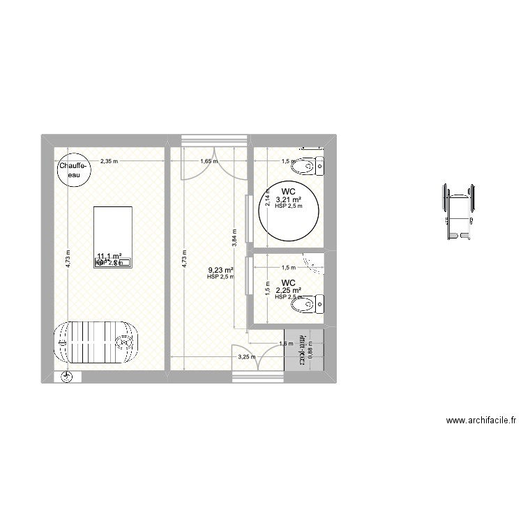 wc sous sol chaudière. Plan de 4 pièces et 26 m2