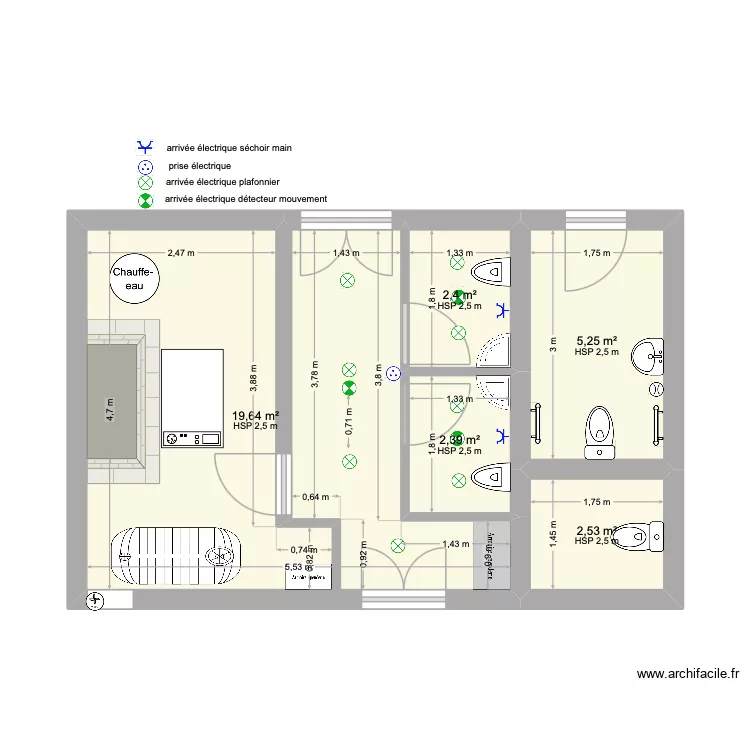 wc sous sol chaudi&egrave;re. Plan de 5  et 32 m²