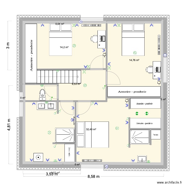 2e étage électricité. Plan de 10 pièces et 68 m2