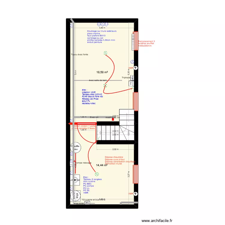 Plan Parmentier sous-sol projet&eacute;. Plan de 2 pièces et 33 m²