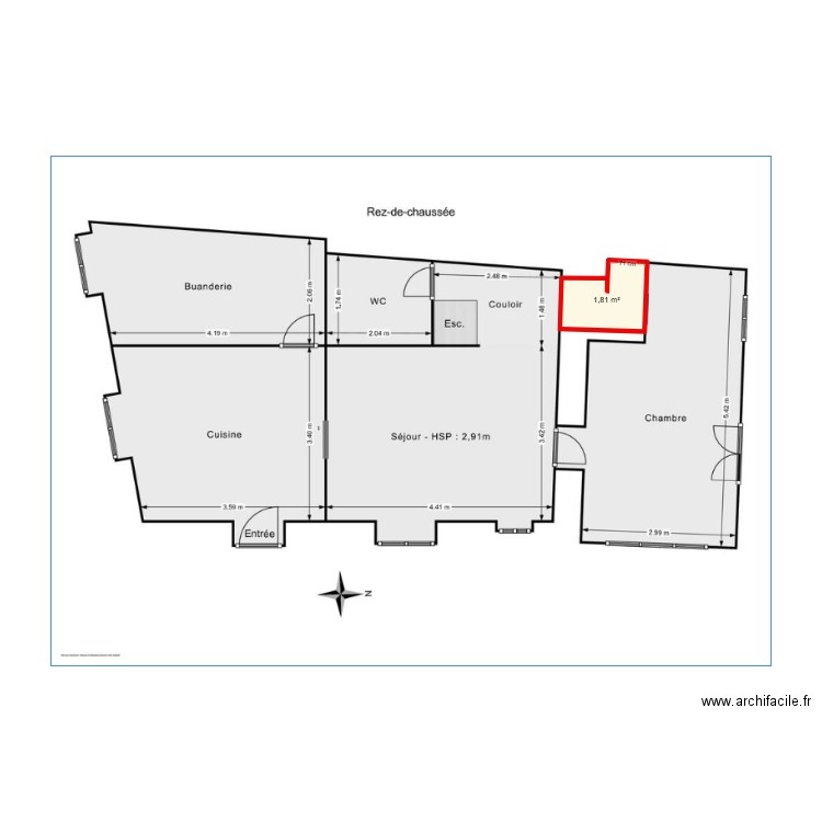 SDB RDC M2. Plan de 1 pièce et 2 m2