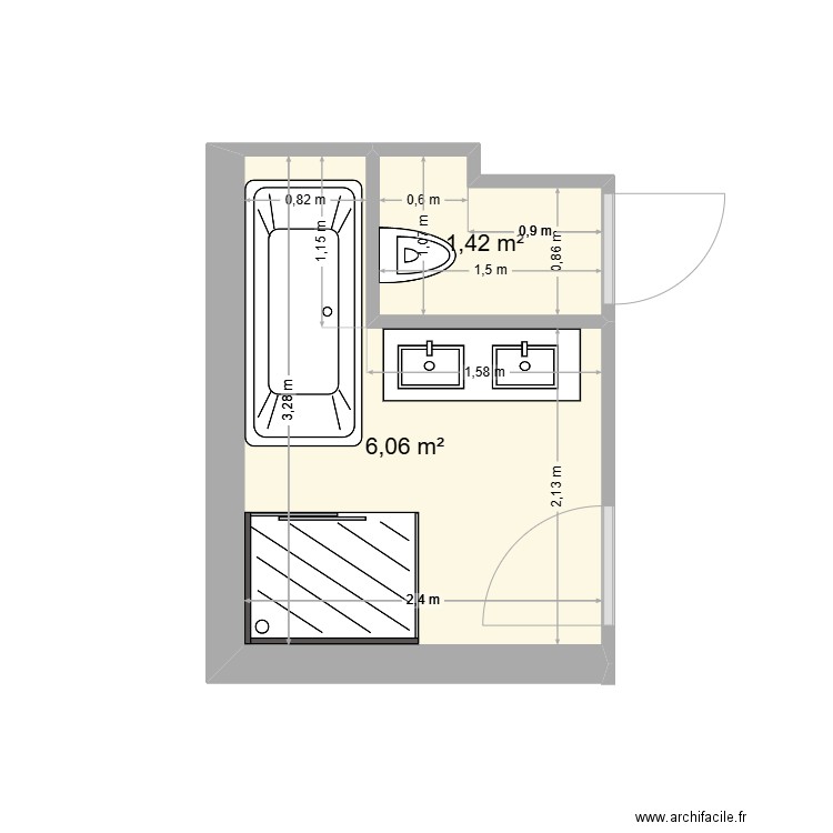 toilettes. Plan de 2 pièces et 7 m2