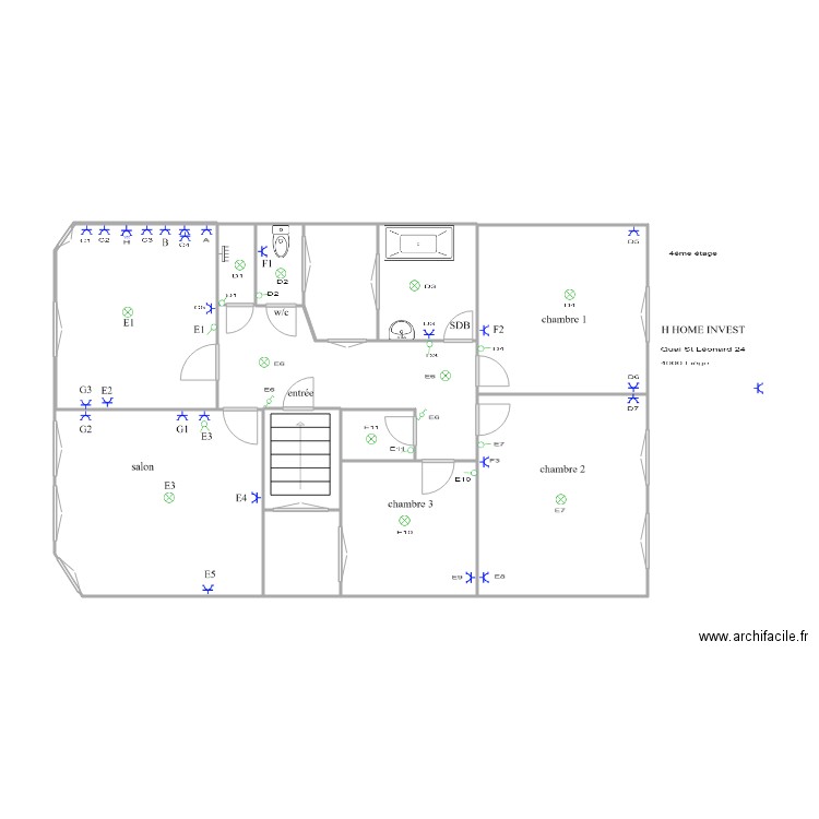 s/n lionard 4émé étage. Plan de 12 pièces et 60 m2