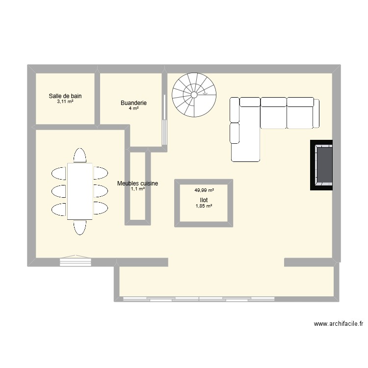 Étage revu. Plan de 6 pièces et 59 m2