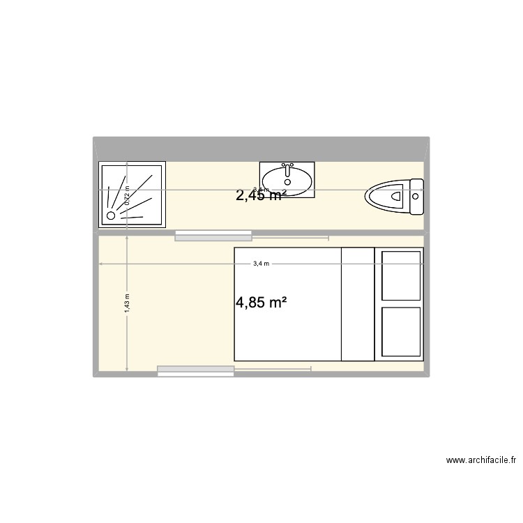 salle de bain. Plan de 2 pièces et 7 m2