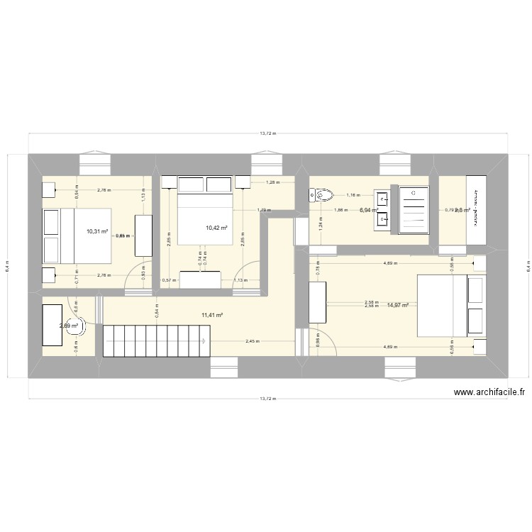 etage. Plan de 7 pièces et 59 m2