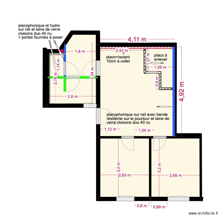 fiume pour plaquiste. Plan de 7 pièces et 46 m2